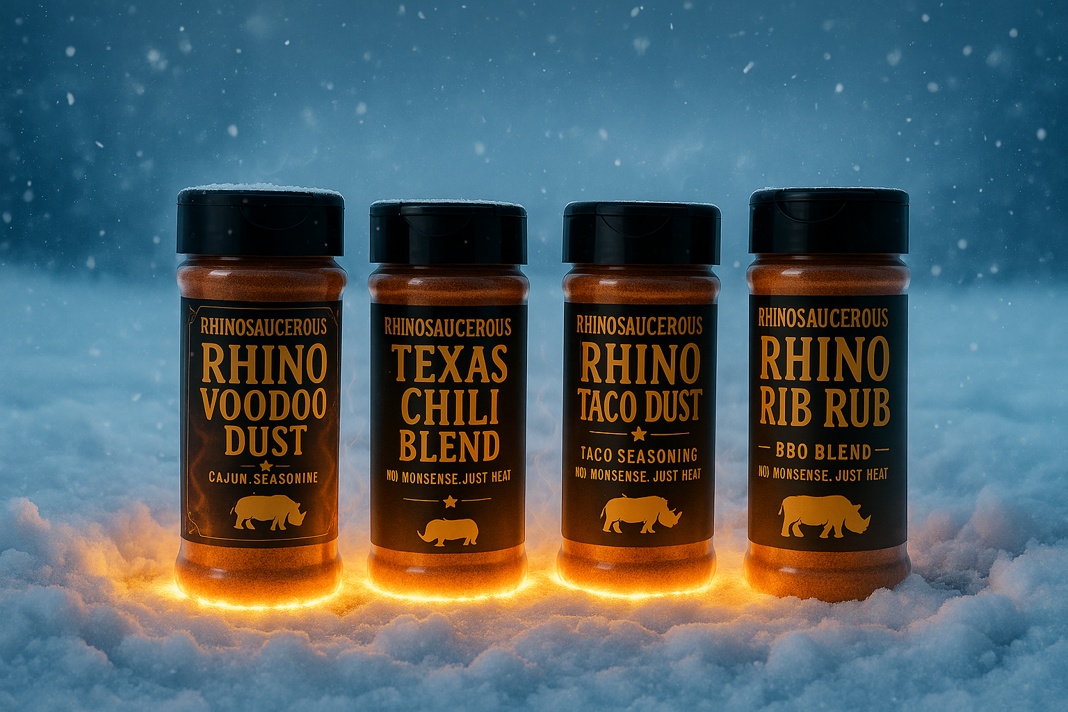 Rhino Voodoo Dust, Texas Chile Blend, Rhino Taco Dust and Rhino Rib Rub in fiery snow
