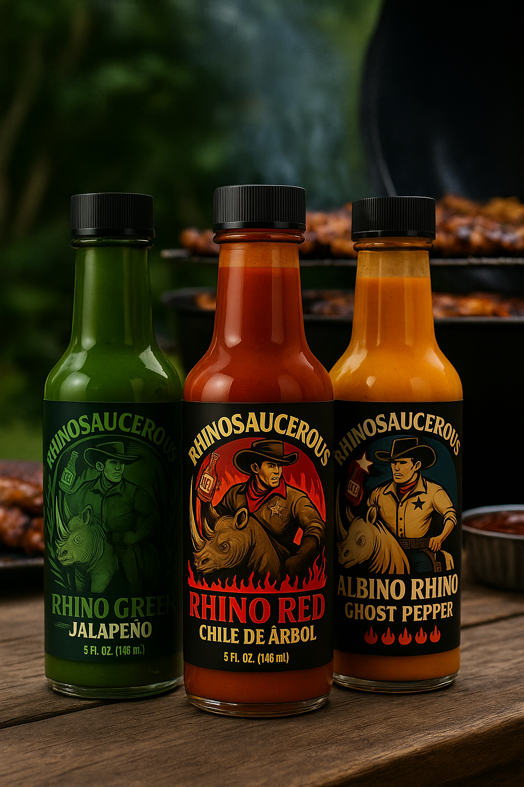 Three RhinoSaucerous hot sauce bottles—Rhino Red, Rhino Green, and Albino Rhino—lined up on a table with bold, colorful labels and woozy glass bottles