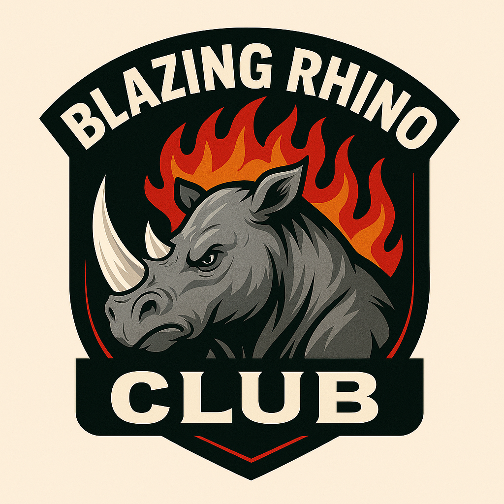 Blazing Rhino Club graphic featuring bold RhinoSaucerous branding with fire-themed background and tiered hot sauce subscription perks