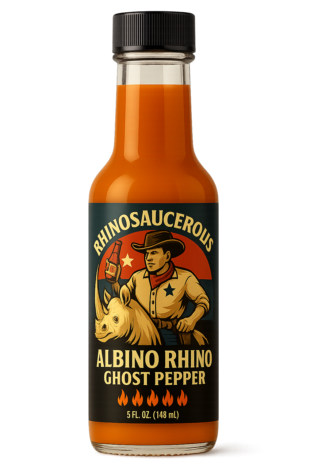 Hot sauce bottle labeled 'Rhinosaucerous Albino Rhino Ghost Pepper' on a white background