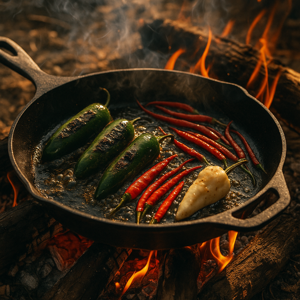 Forged in Flavor – roasted peppers sizzling in a cast iron pan over open flames for small batch hot sauce