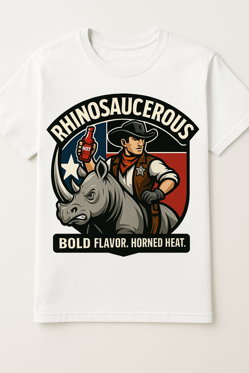 White t-shirt with a graphic design featuring a rhinoceros, cowboy, and text on a white background