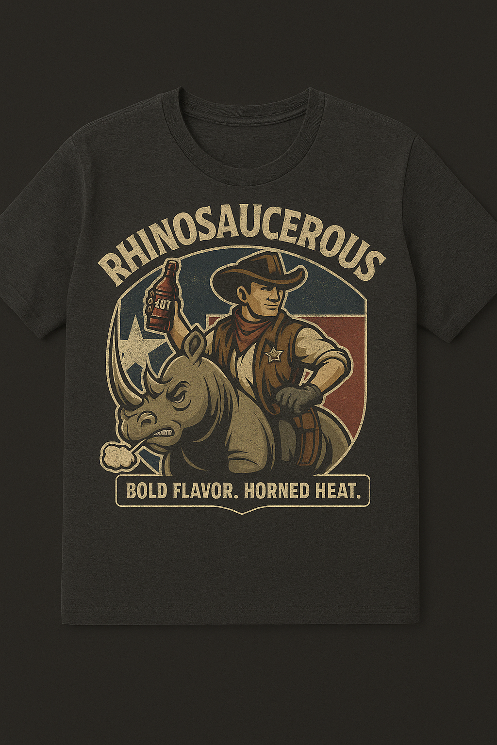 Black t-shirt with a graphic of a rhinoceros and a cowboy, labeled 'RhinoSaucerous'. Bold Flavor. Horned Heat.