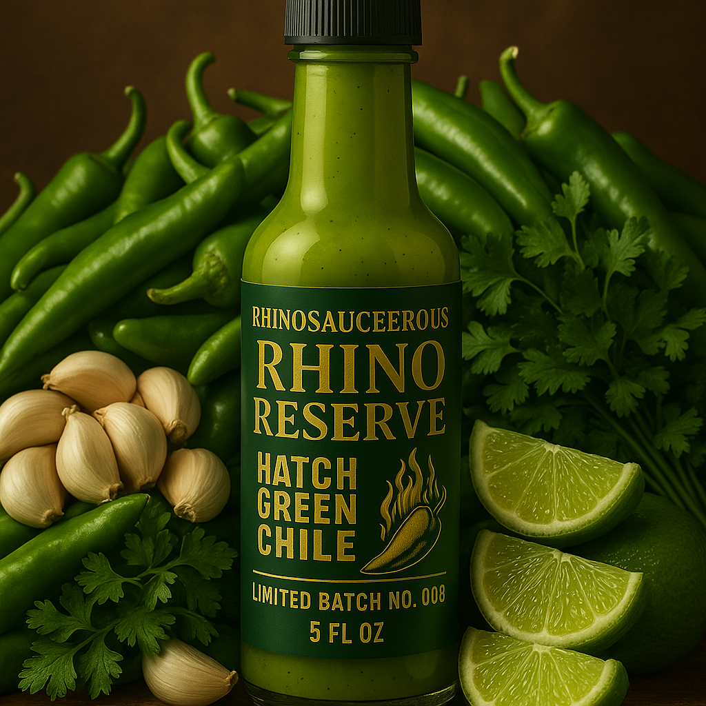 Bottle of Rhino Reserve Hatch Green Chile sauce surrounded by green peppers, onions, and limes on a dark background
