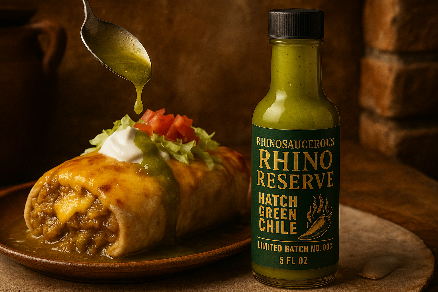 Burrito with green sauce and a bottle of Rhino Reserve Hatch Green Chile hot sauce on a wooden surface.