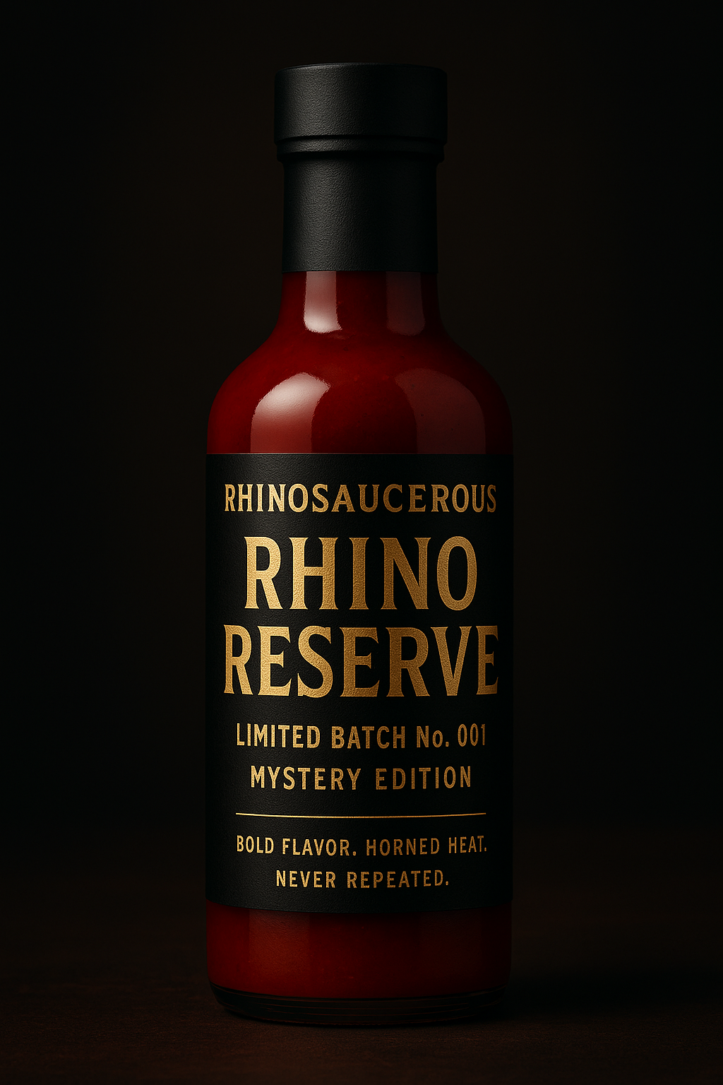 Premium black and gold Rhino Reserve bottle – bold, smoky, limited-batch hot sauce