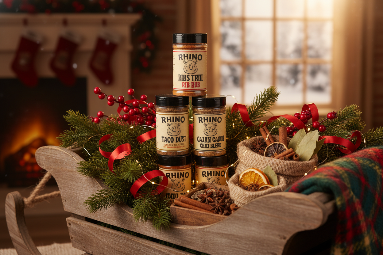Generate an image of a holiday spice sleigh featuring Rhino Rib Rub, Rhino Taco Dust, Rhino Texas Chili Blend and Rhino Cajun VooDoo Dust