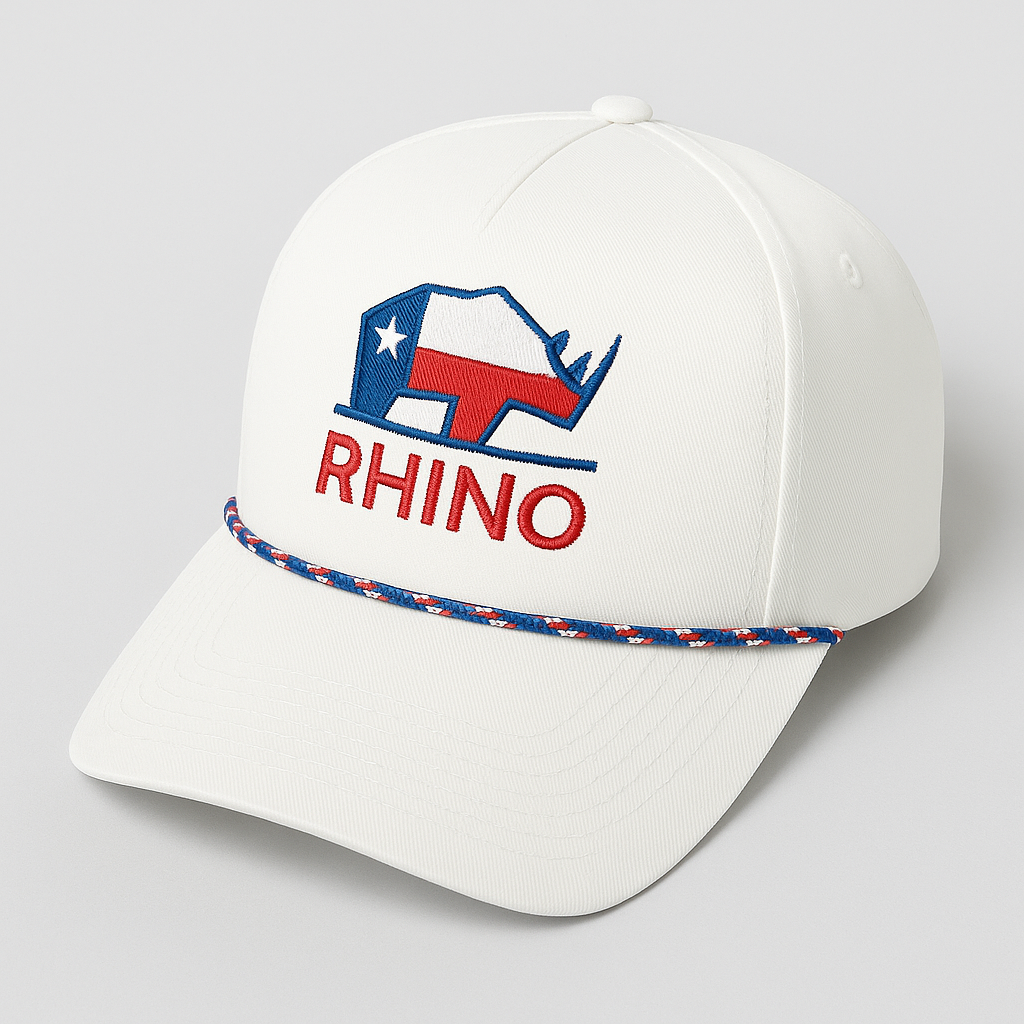 White baseball cap with an embroidered Texas flag rhino and red “RHINO” text, featuring a red-white-blue braided rope across the brim